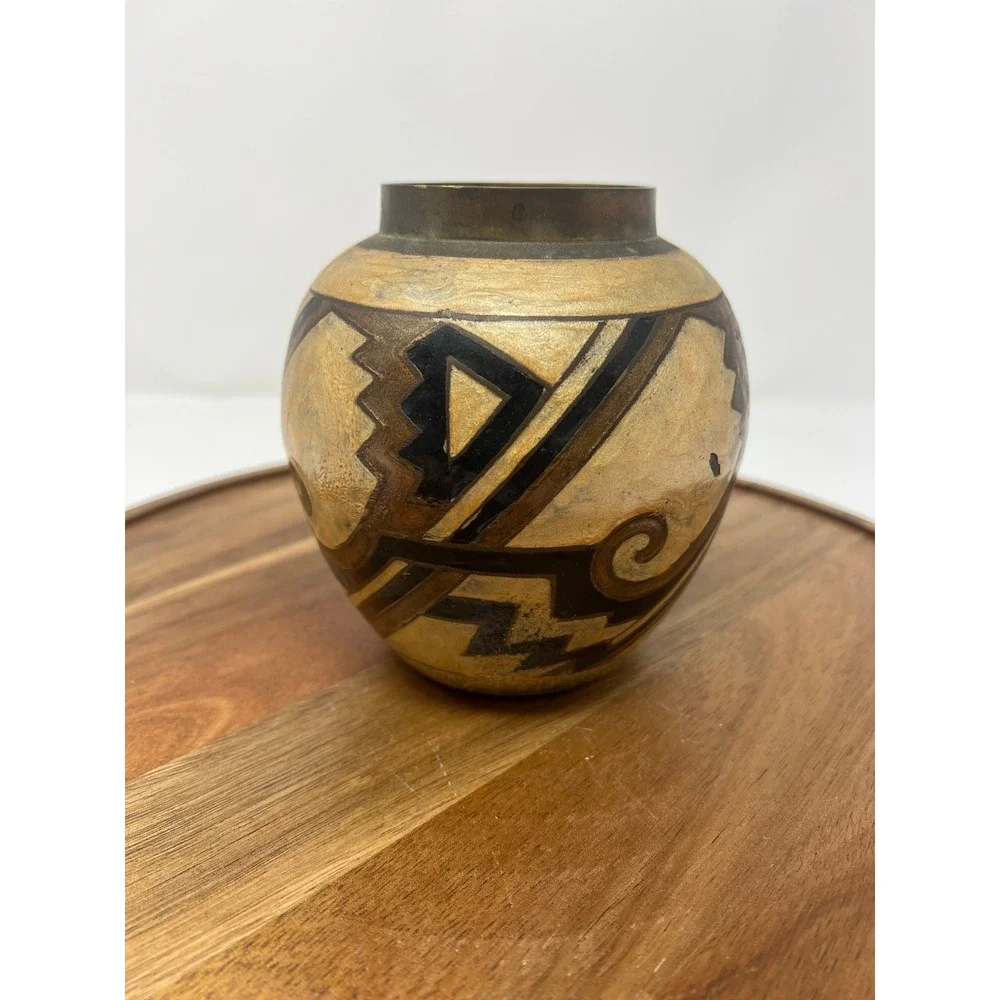 Vintage Decorative Vase Southwestern Geometric Design Brass